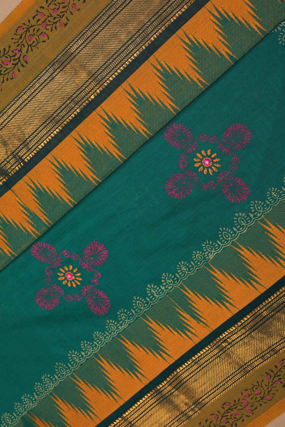 Image of Dark Green traditional block printed south cotton saree