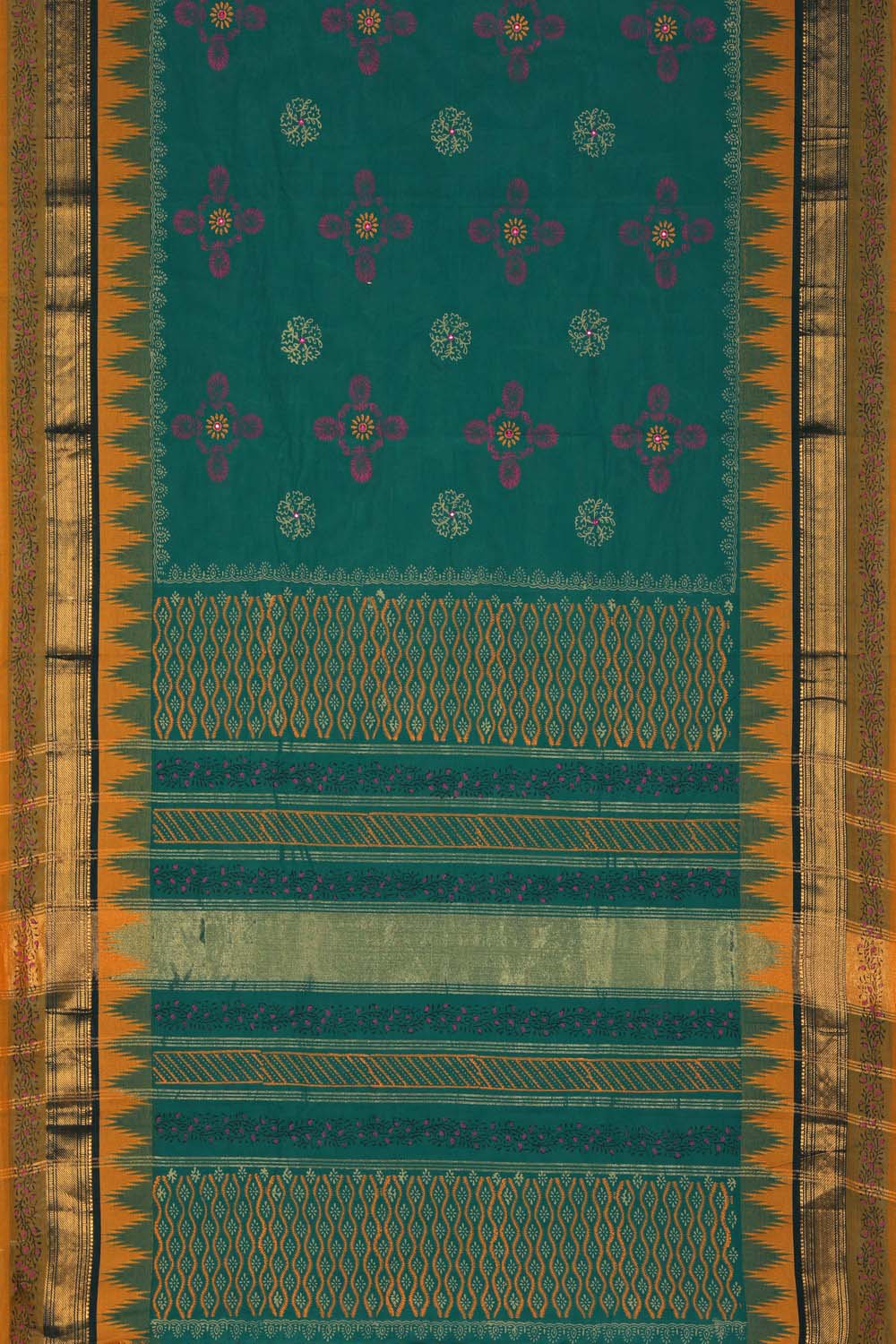 Image of Dark Green traditional block printed south cotton saree