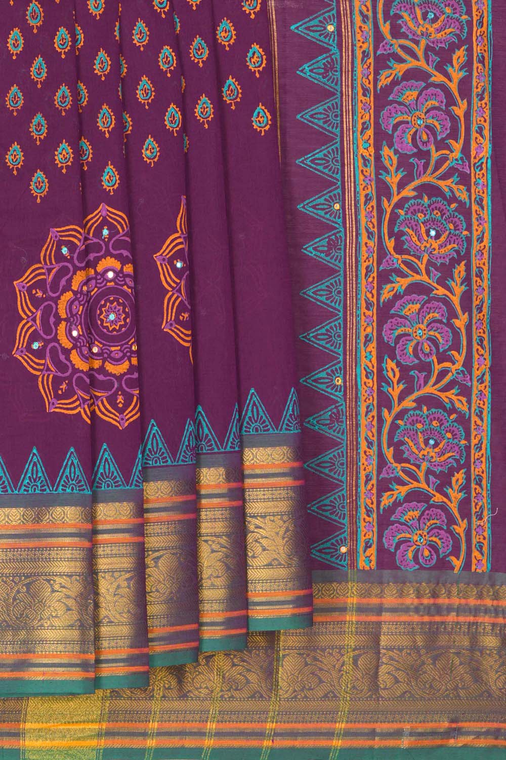 Image of Dark Purple traditional block printed south cotton saree