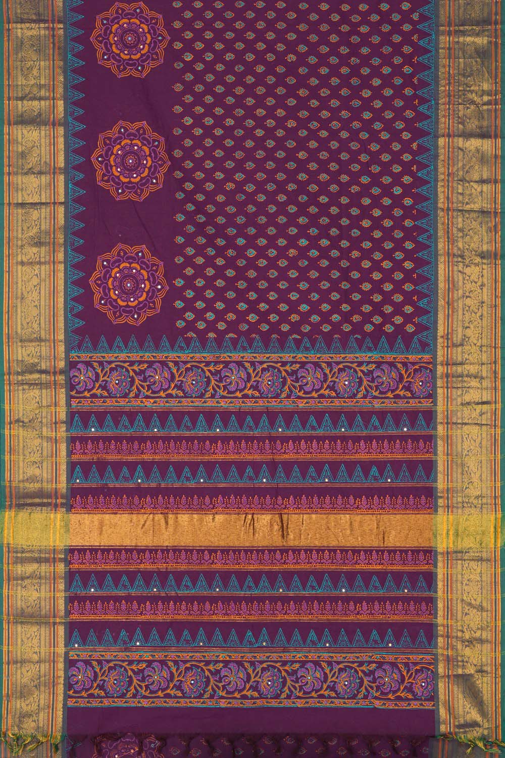 Image of Dark Purple traditional block printed south cotton saree