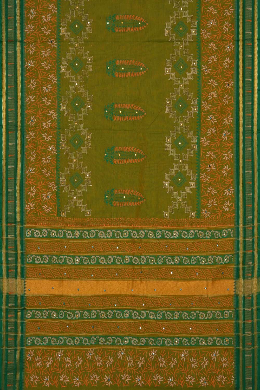 Image of Light Olive Green geometrics buta block printed cotton saree