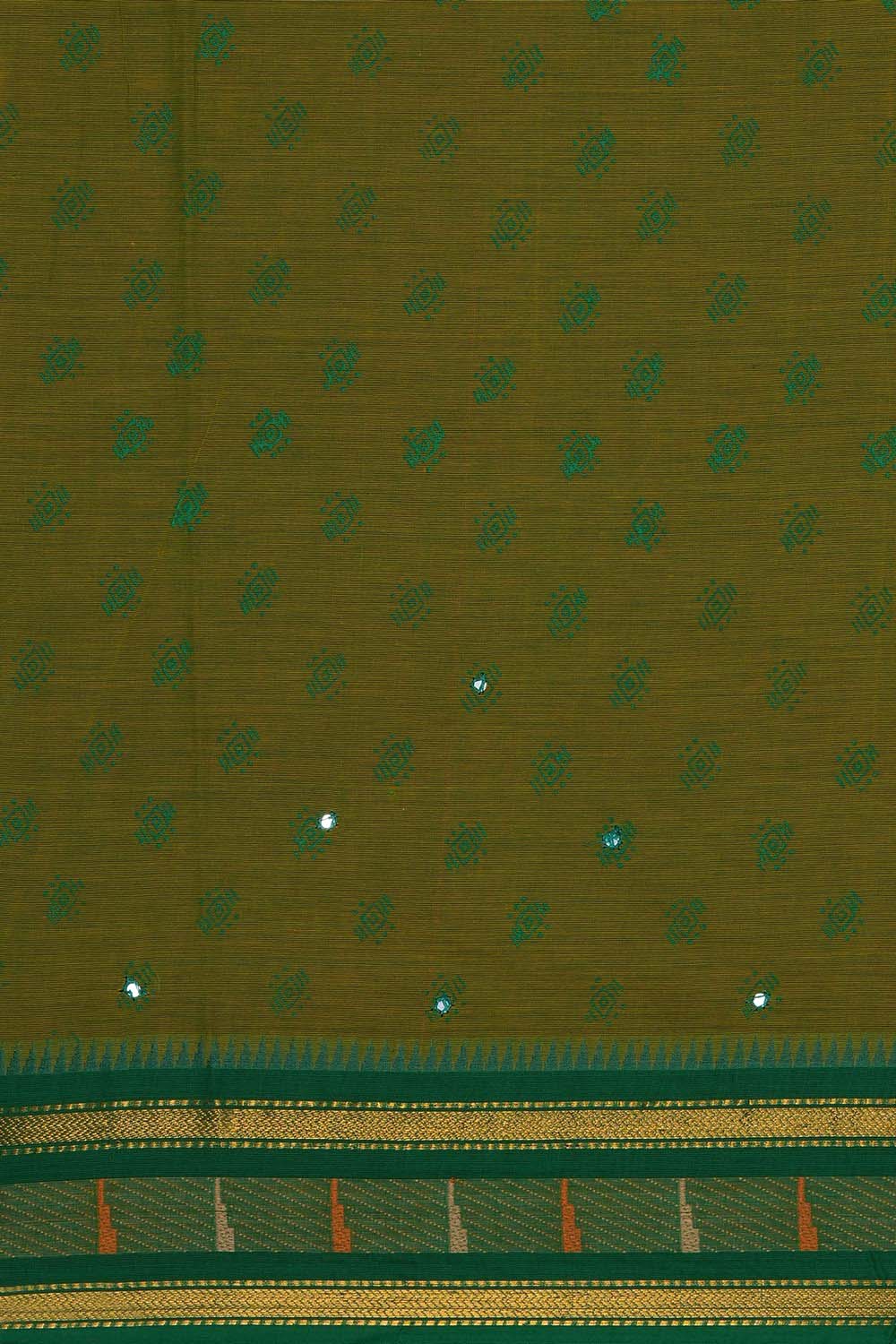 Image of Light Olive Green geometrics buta block printed cotton saree