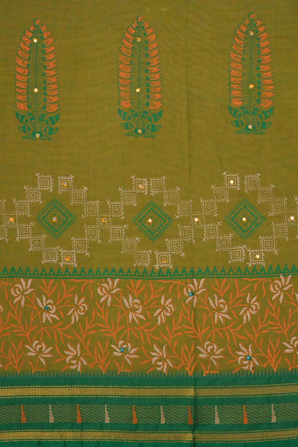 Image of Light Olive Green geometrics buta block printed cotton saree