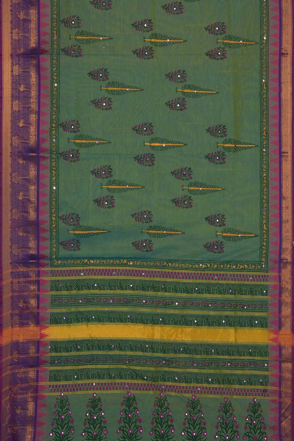 Image of Sea Green paisley buta block printed cotton saree