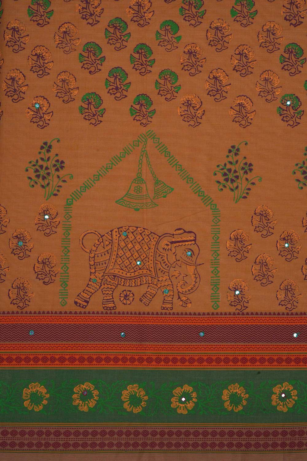 Image of Mustard Yellow Elephant buta block printed cotton saree