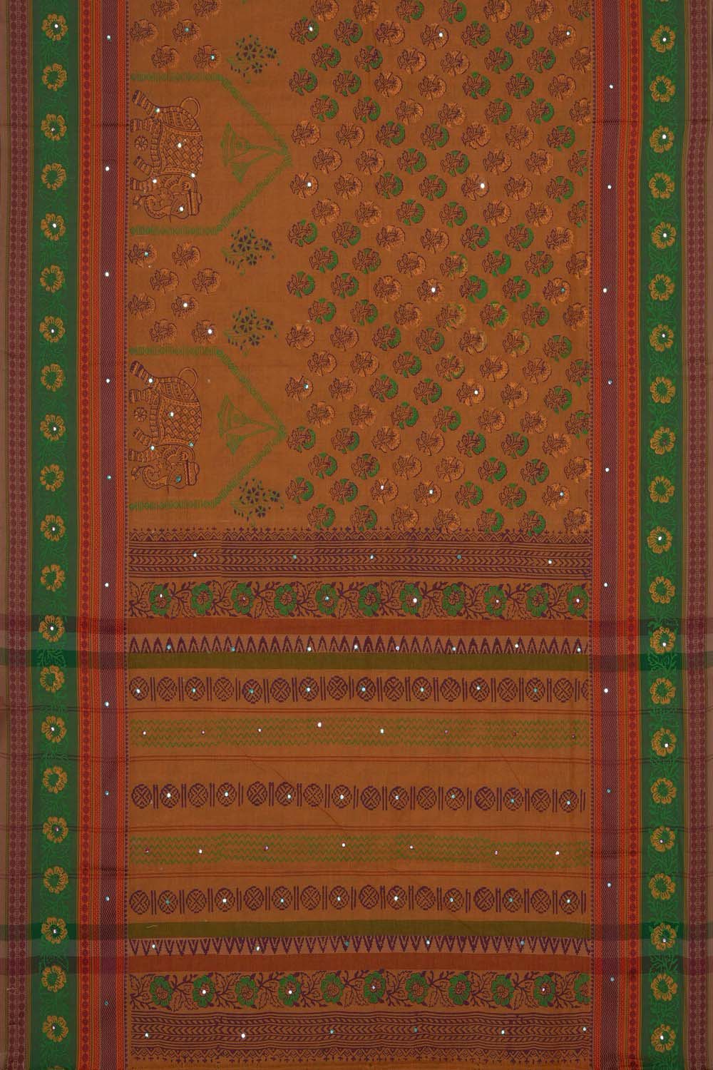 Image of Mustard Yellow Elephant buta block printed cotton saree