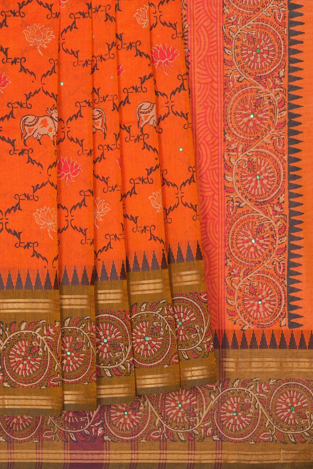 Image of Bright Orange traditional block printed south cotton saree