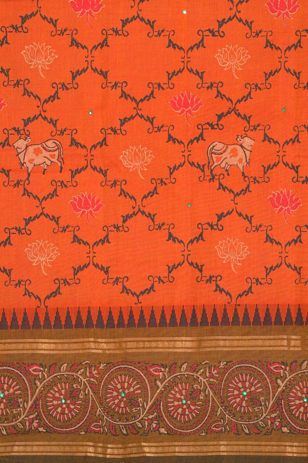 Image of Bright Orange traditional block printed south cotton saree