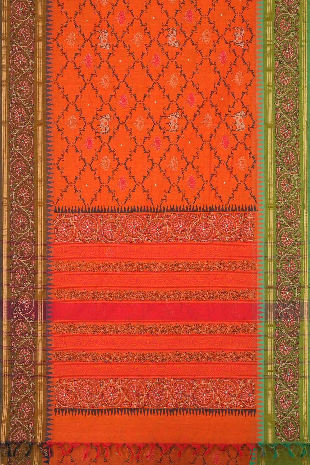 Image of Bright Orange traditional block printed south cotton saree