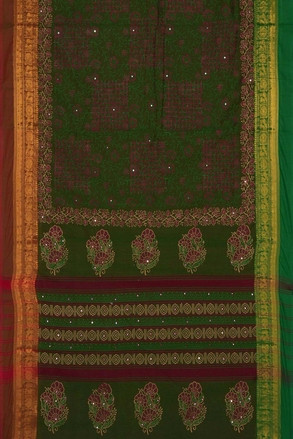 Image of Forest Green floral jaal block printed cotton saree
