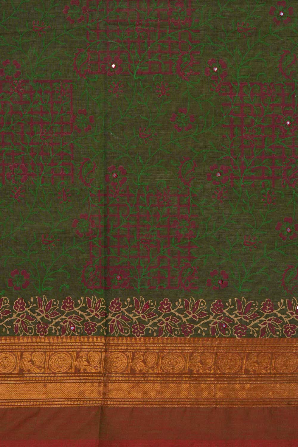 Image of Forest Green floral jaal block printed cotton saree