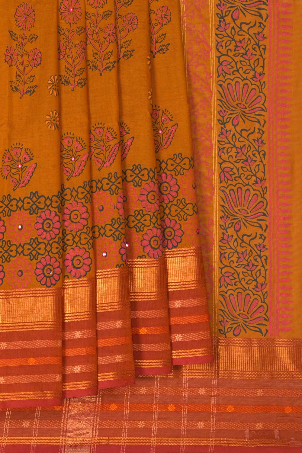 Image of Mustard Yellow with pink traditional block printed south cotton saree