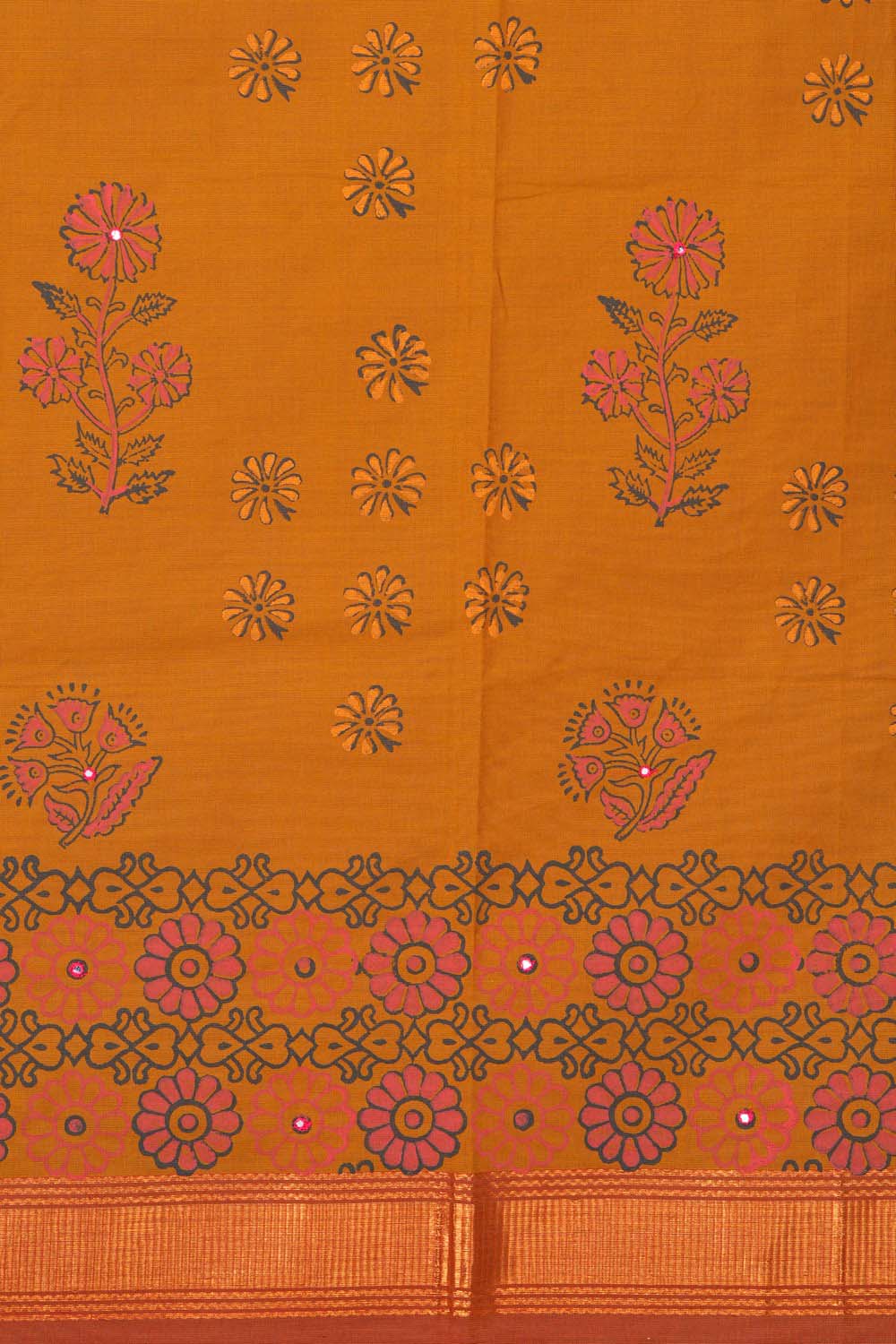 Image of Mustard Yellow with pink traditional block printed south cotton saree