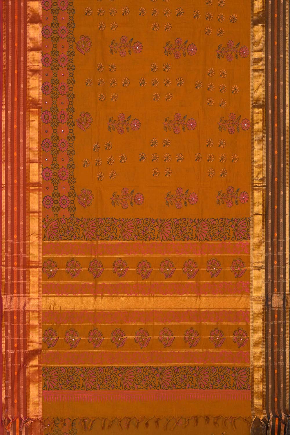 Image of Mustard Yellow with pink traditional block printed south cotton saree