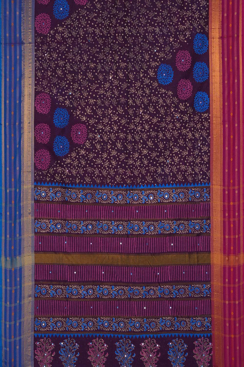 Image of Violet with multi color buta block printed cotton saree