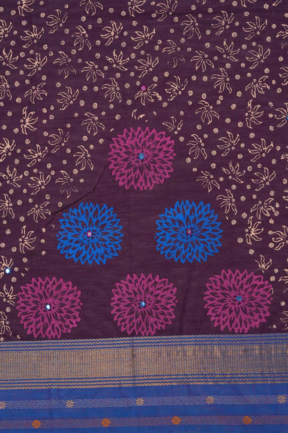 Image of Violet with multi color buta block printed cotton saree