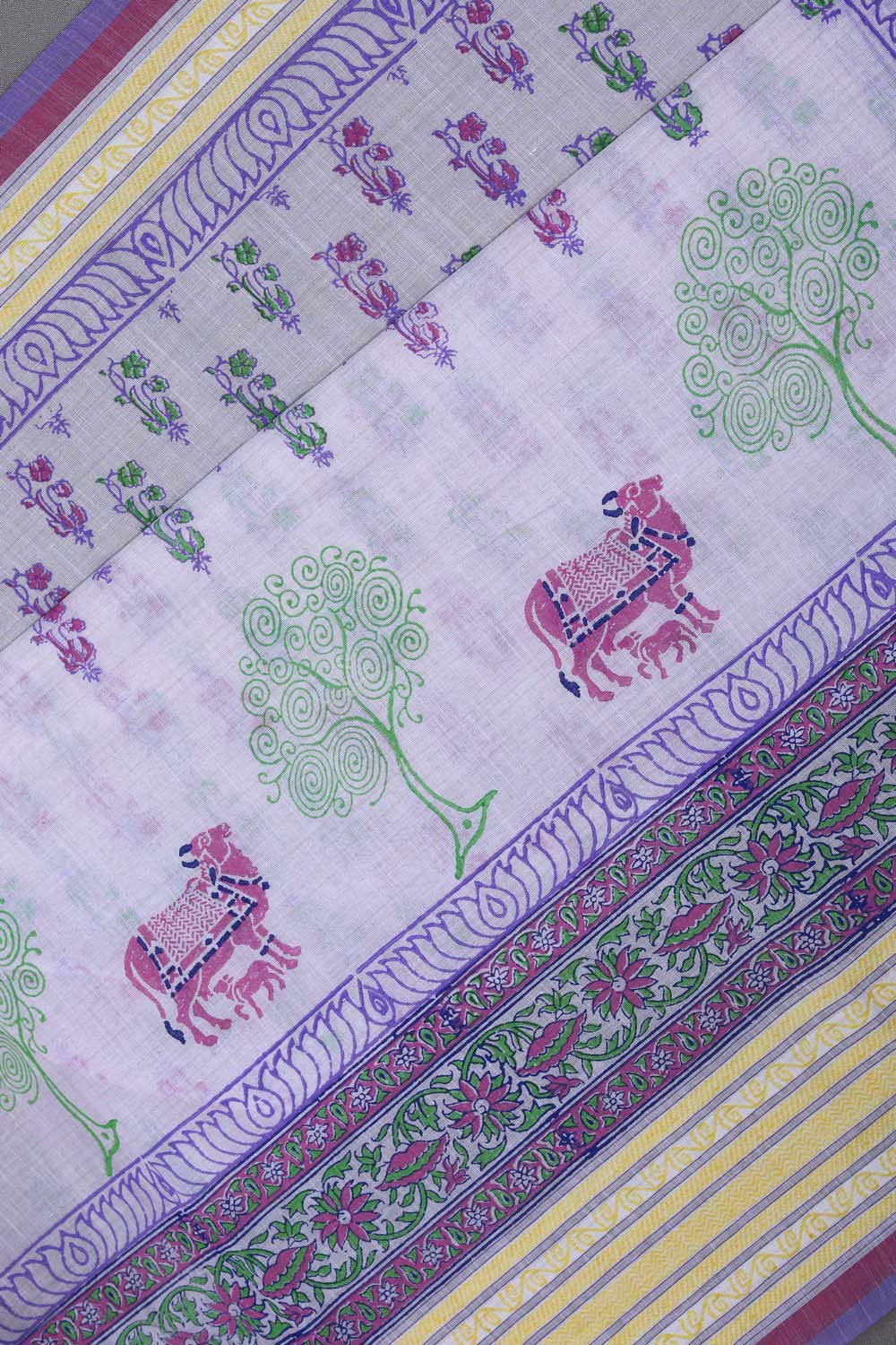 Image of Pinkish White Kamadhenu print south cotton saree