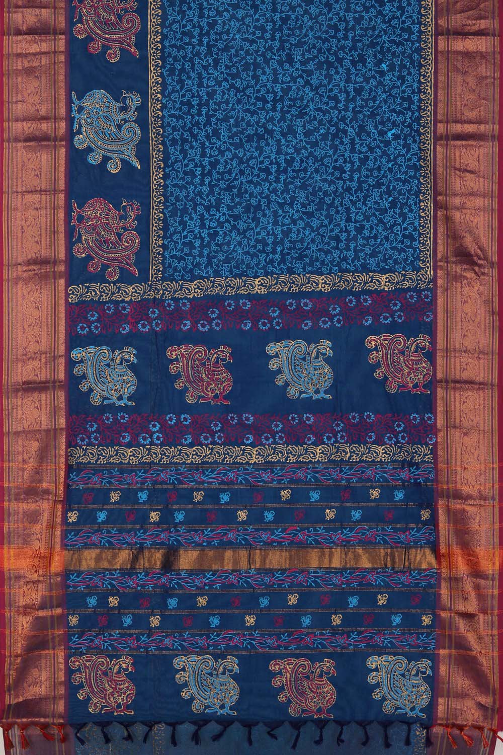 Image of Jewel Blue Block Printed South Cotton Saree