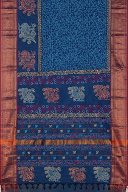 Image of Jewel  Blue block printed south cotton saree