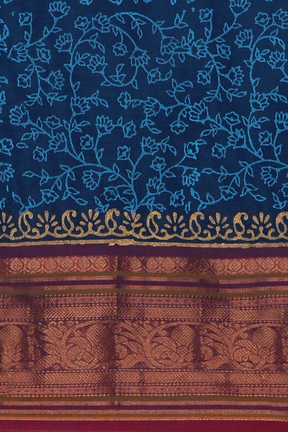 Image of Jewel Blue Block Printed South Cotton Saree