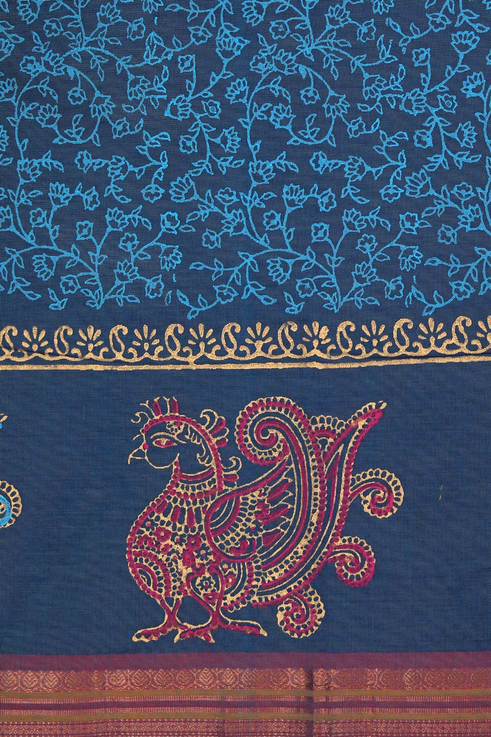 Image of Jewel Blue Block Printed South Cotton Saree