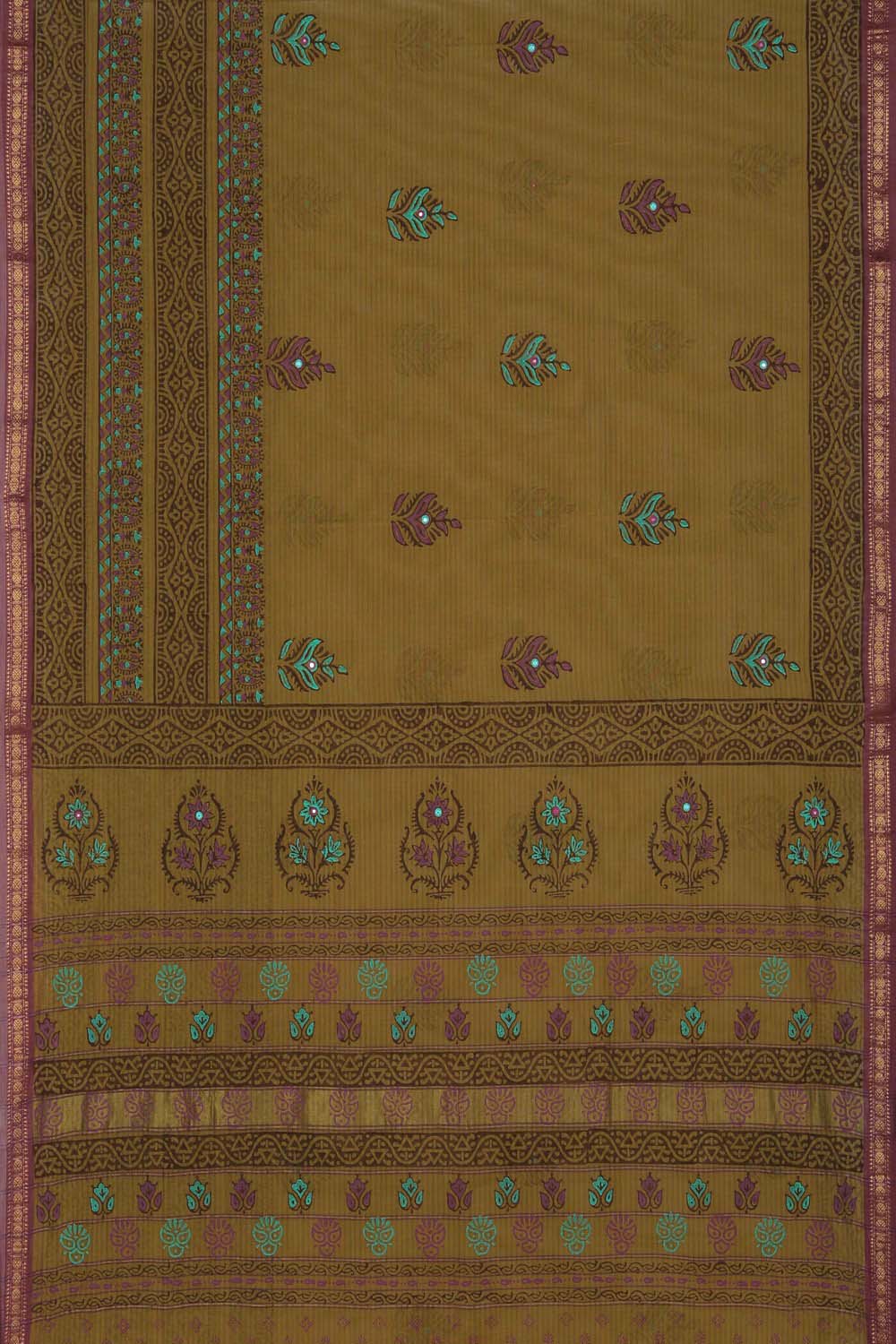 Image of Mustard floral hand block printed south cotton saree