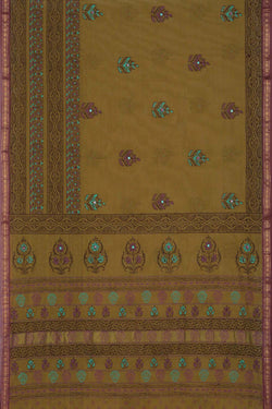 Image of Mustard floral hand block printed south cotton saree