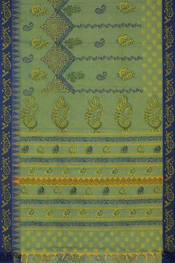 Image of Pista green block printed south cotton saree