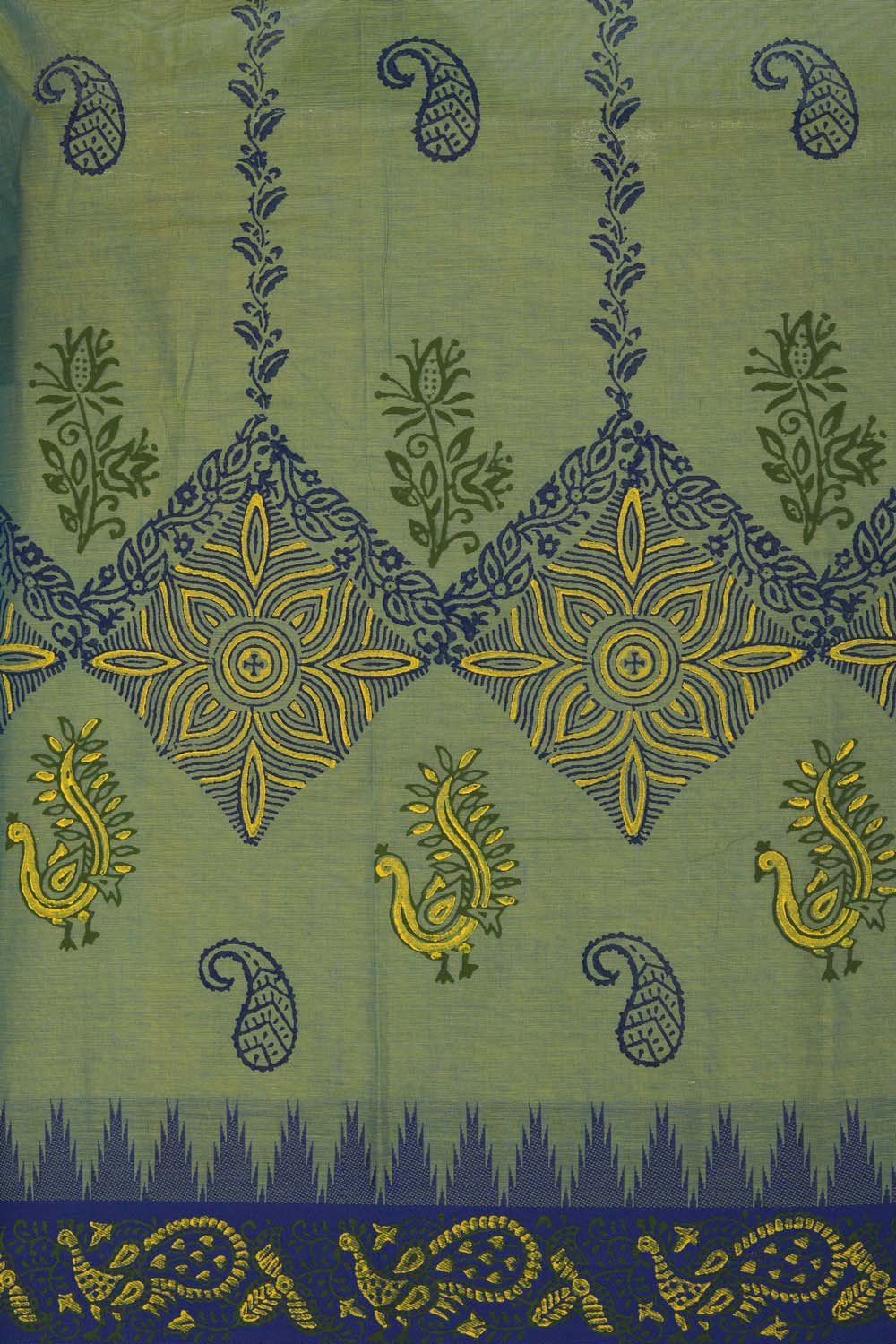 Pista green block printed south cotton saree