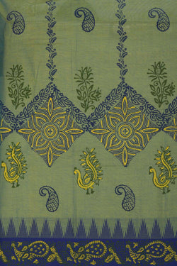 Image of Pista green block printed south cotton saree