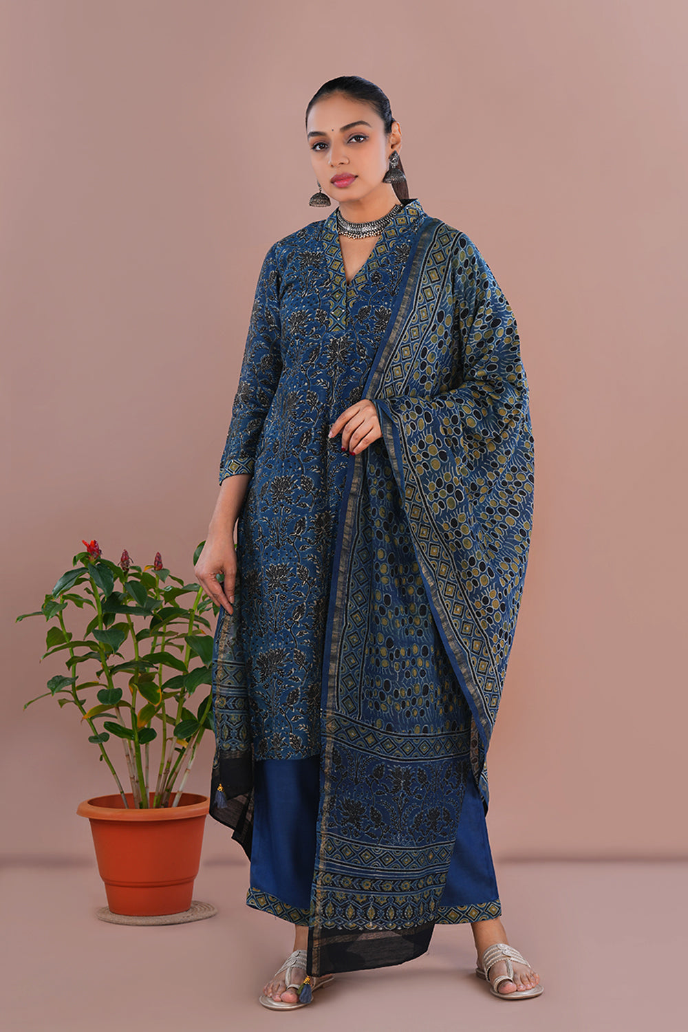Image of Indigo Blue Ajrak Chanderi Kurta set