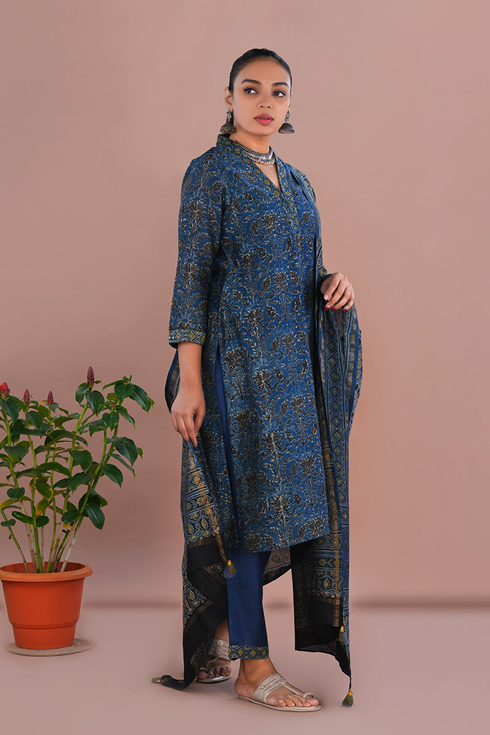 Image of Indigo Blue Ajrak Chanderi Kurta set