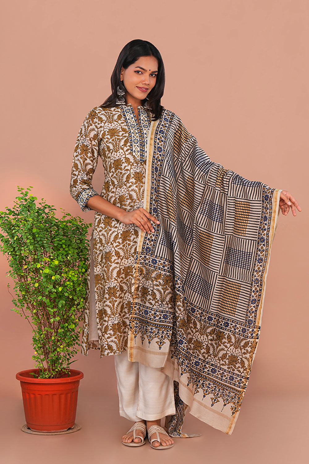 Image of Off White Ajrak Kurta set