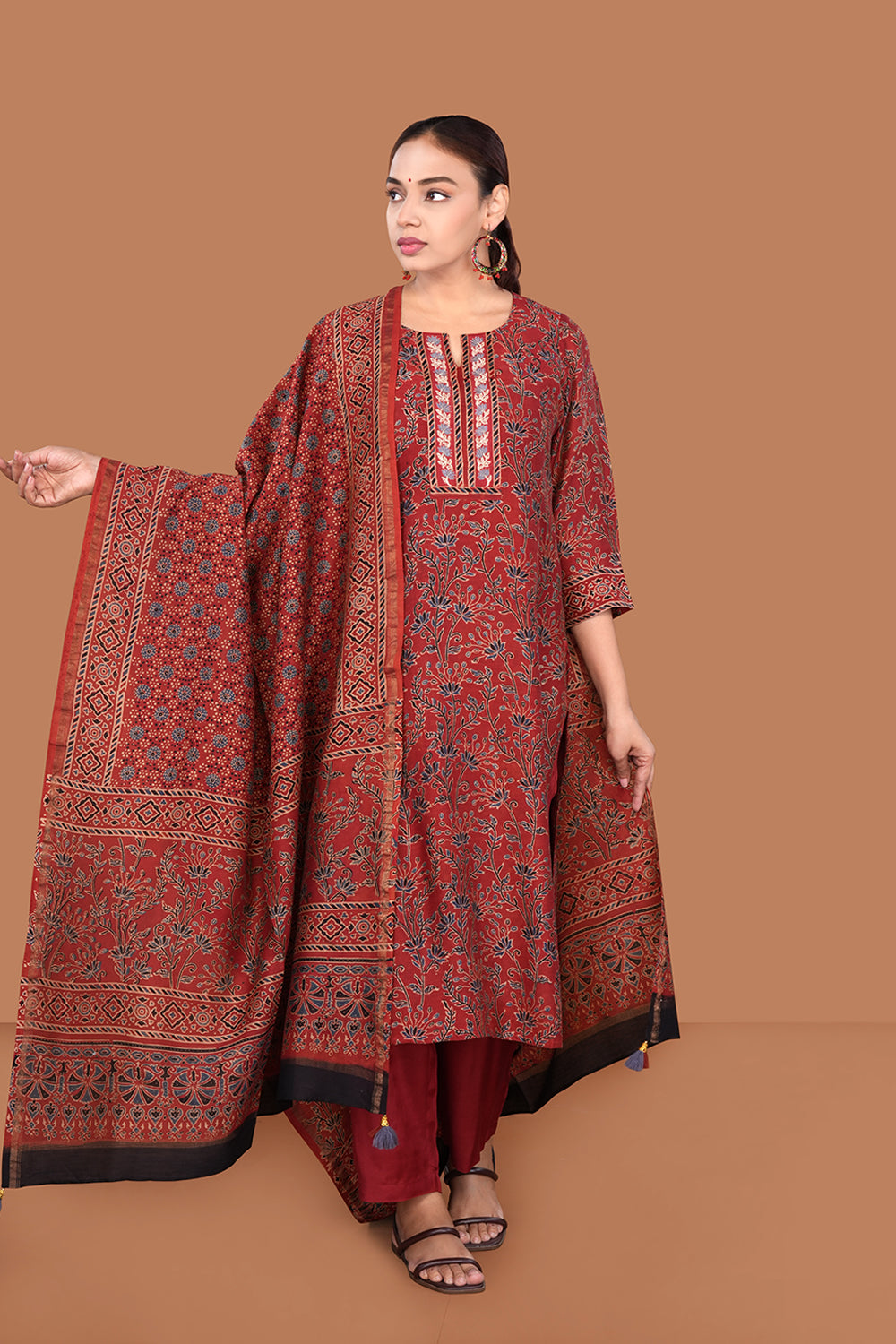 Image of Maroon with Indigo Ajrak Kurta set