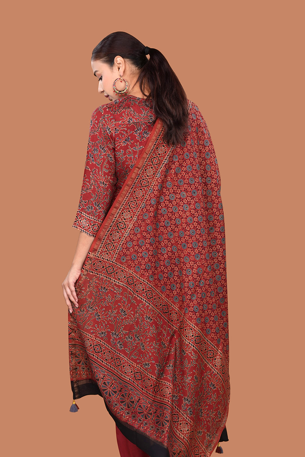 Image of Maroon with Indigo Ajrak Kurta set