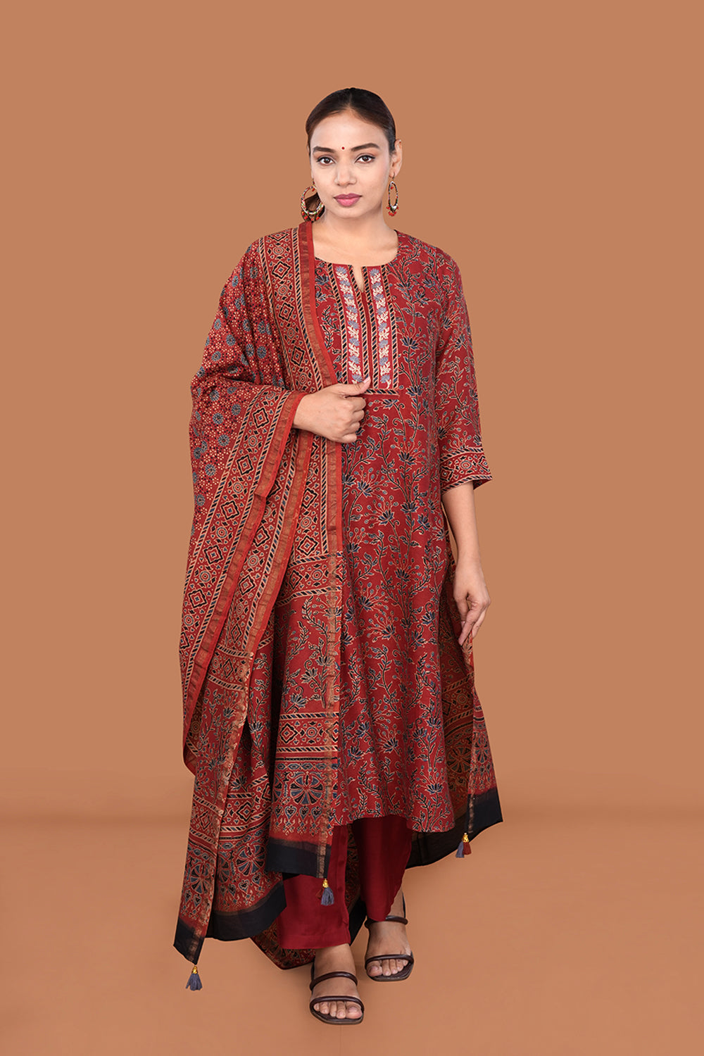 Image of Maroon with Indigo Ajrak Kurta set