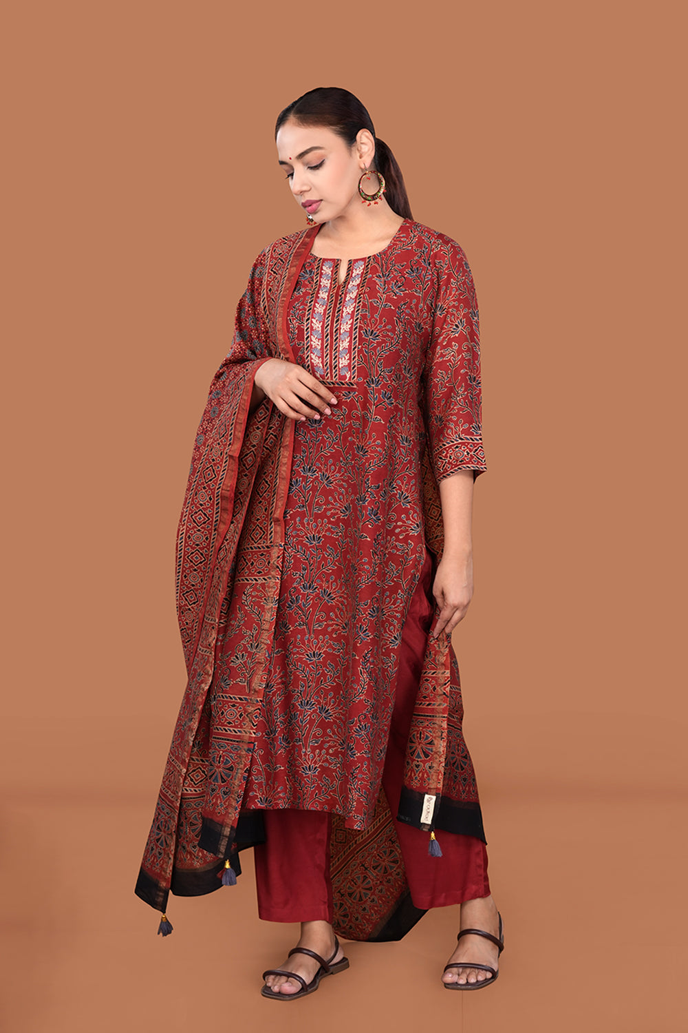 Image of Maroon with Indigo Ajrak Kurta set