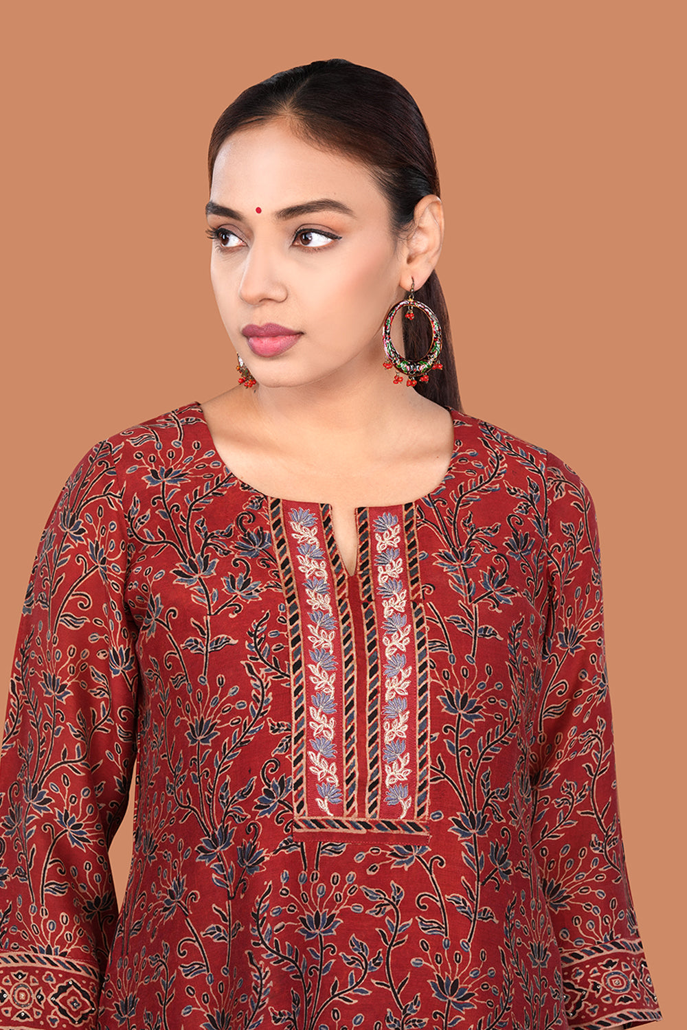 Image of Maroon with Indigo Ajrak Kurta set