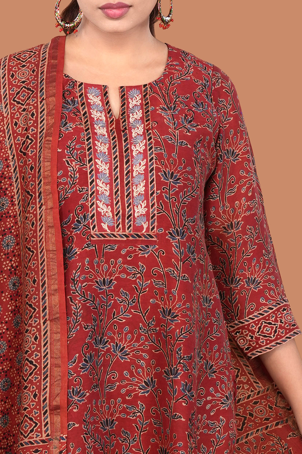 Image of Maroon with Indigo Ajrak Kurta set
