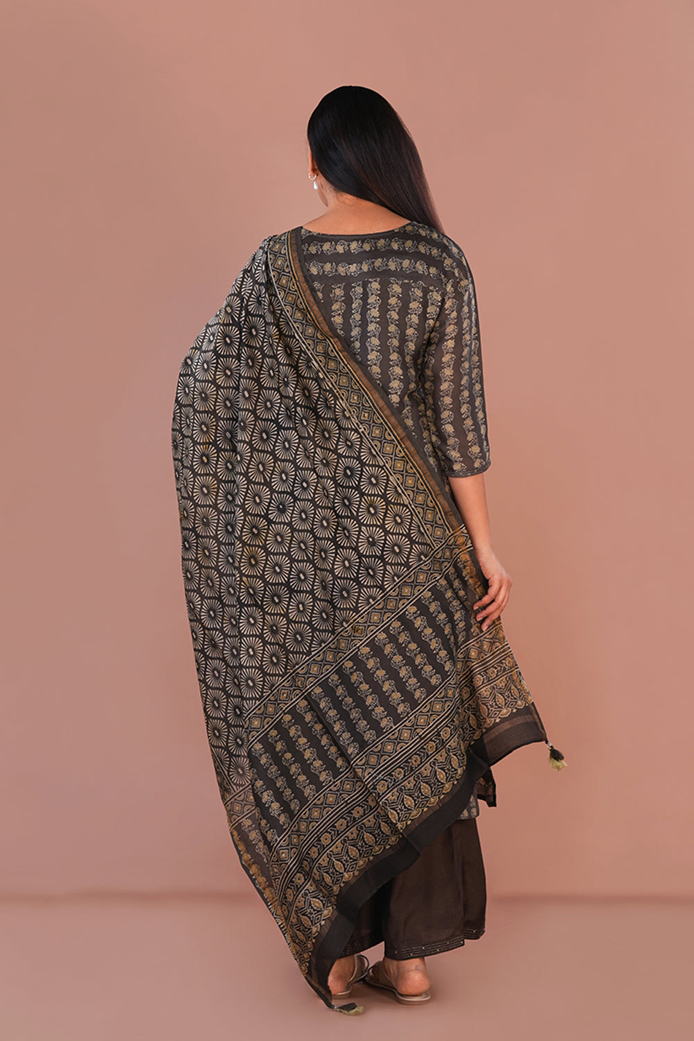 Image of Ash green Ajrak Kurta set