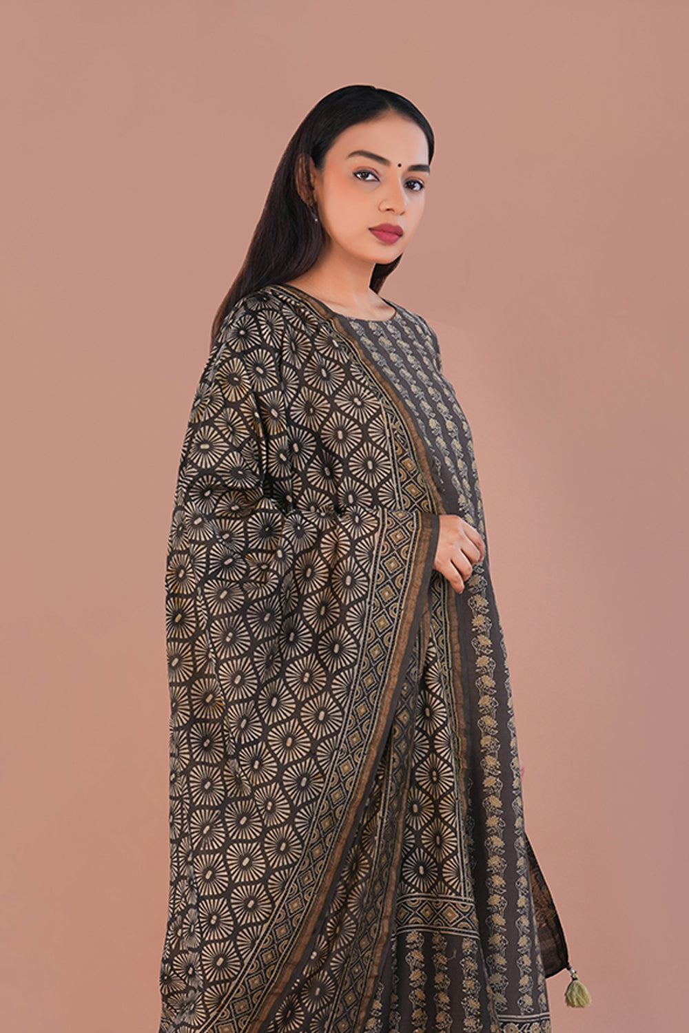 Image of Ash green Ajrak Kurta set