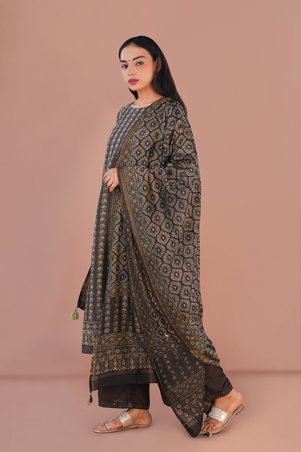 Image of Ash green Ajrak Kurta set