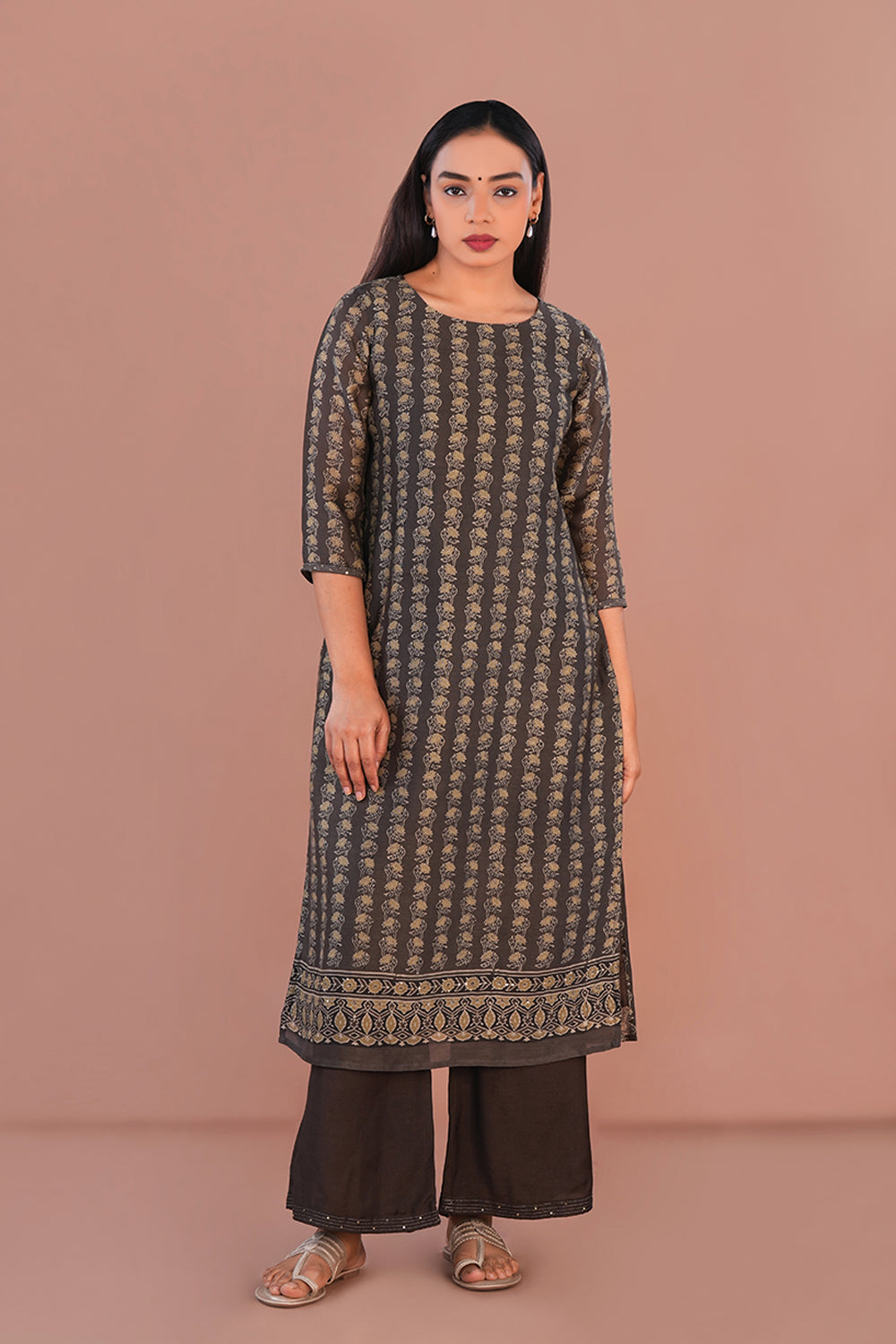 Image of Ash green Ajrak Kurta set