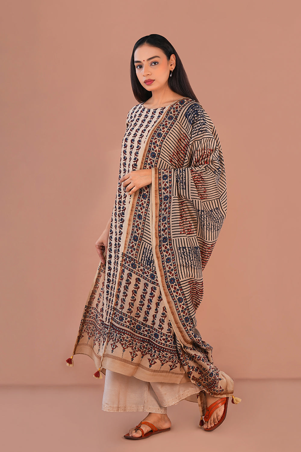 Image of Ivory Ajrak Chanderi Kurta set