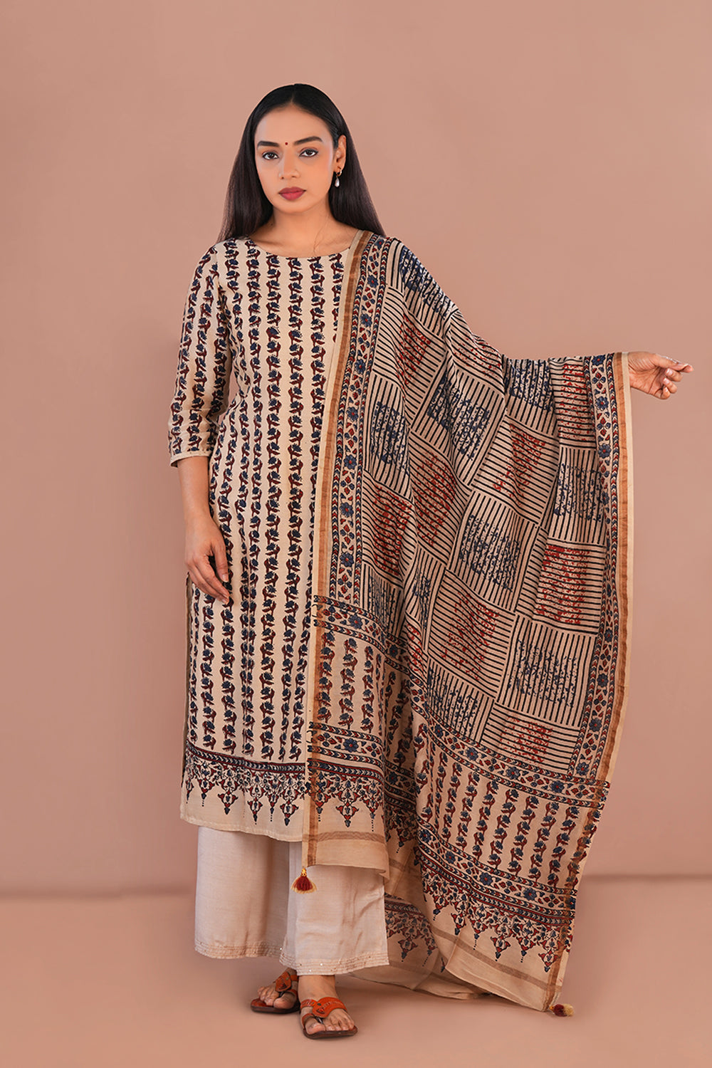 Image of Ivory Ajrak Chanderi Kurta set