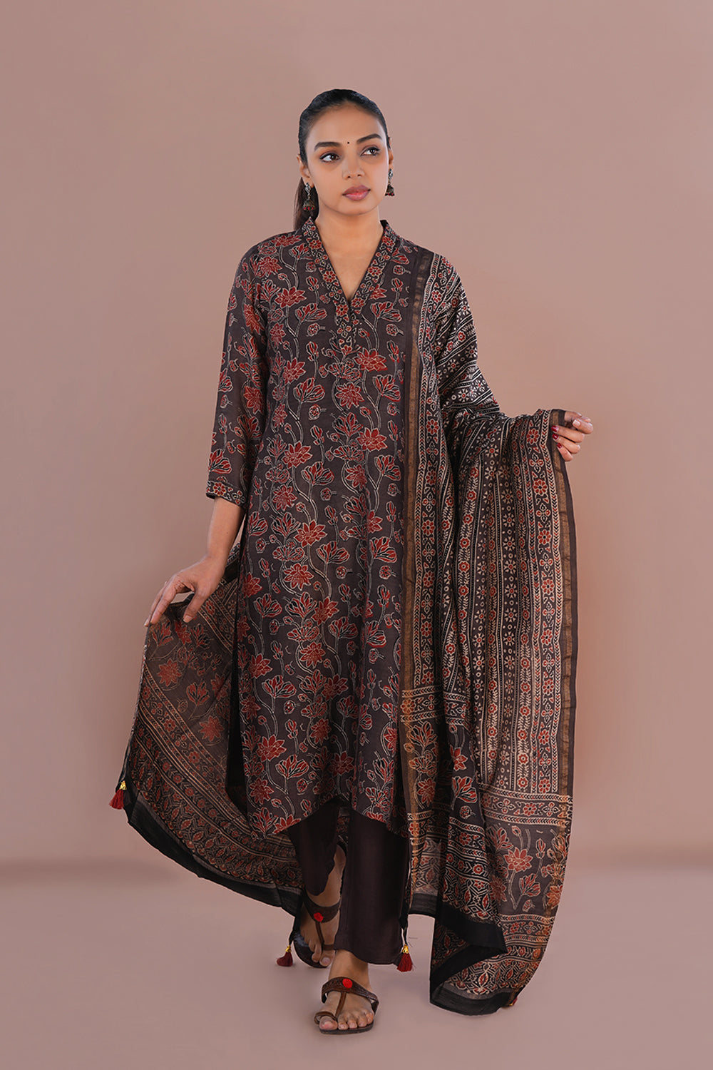 Image of Bronzish Brown Ajrak Kurta set