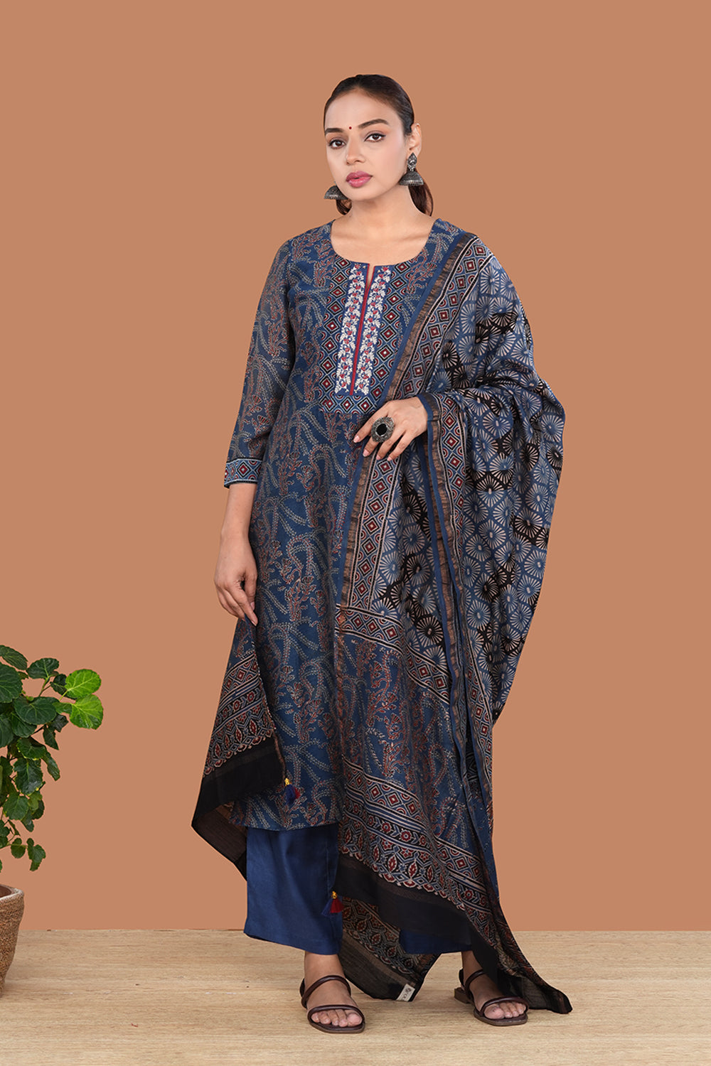 Image of Indigo Blue Chanderi Ajrakh Kurta set