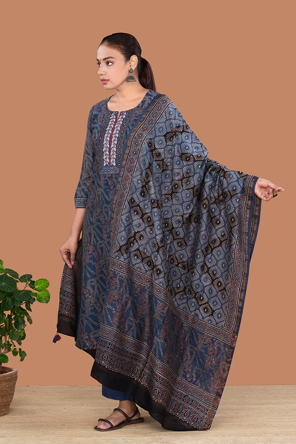 Image of Indigo Blue Chanderi Ajrakh Kurta set