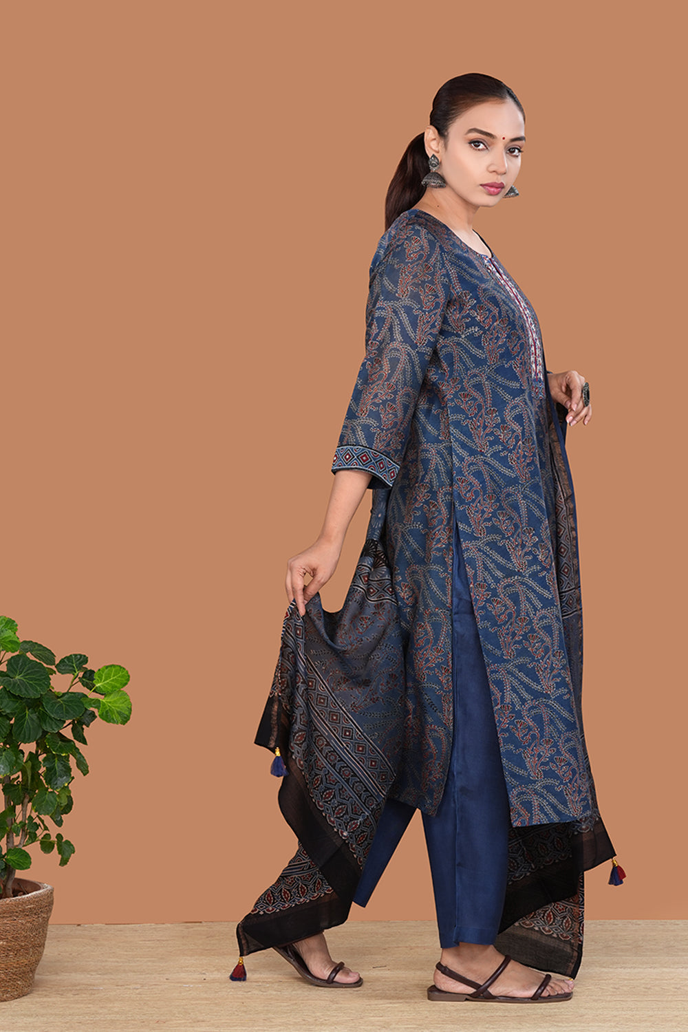 Image of Indigo Blue Chanderi Ajrakh Kurta set
