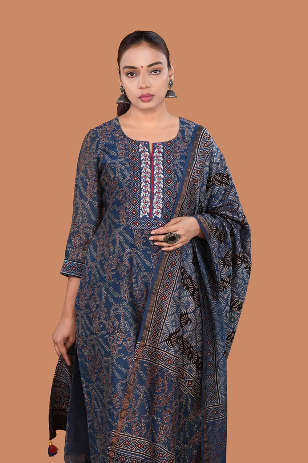 Image of Indigo Blue Chanderi Ajrakh Kurta set